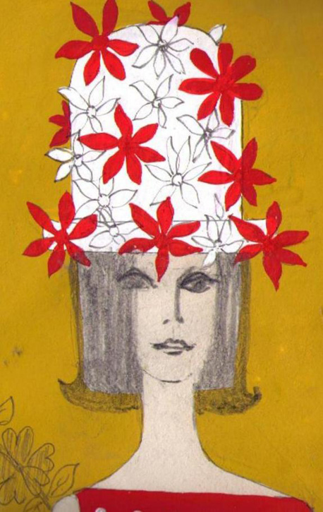 Summer beach hat design: red flowers on white straw